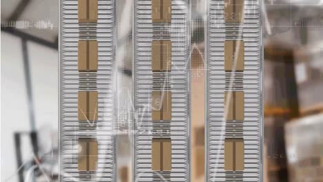 animation of statistics processing and packages on belt conveyor roller over shelves in warehouse