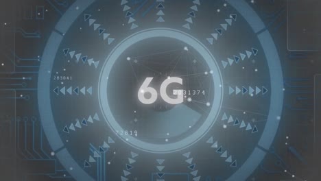 animation of 6g text over round scanner, microprocessor connections and network of connections