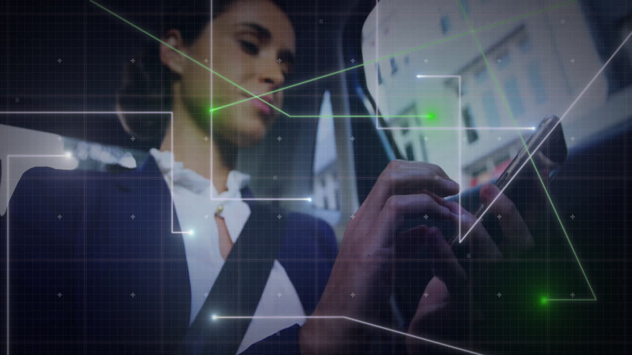 Businesswoman using smartphone outside office, showing cybersecurity with grid and green beams