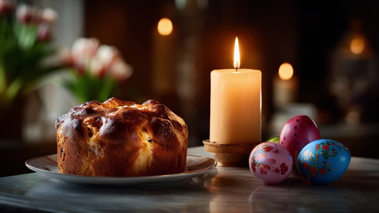 A Beautifully Decorated Easter Table Display Featuring a Homemade Cake, Colorful Easter Eggs, and a Glowing Candle, Perfect for Celebrating the Holiday Spirit