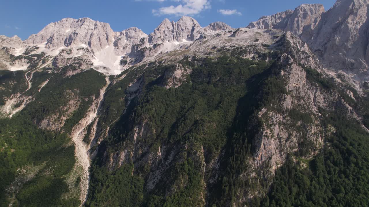 montañas gigantes con altos picos rocosos y nieve cubierta de bosques verdes en verano, albania