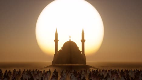 una mezquita en un desierto, entorno árido, con una multitud vestida de oriente medio de pie ociosa en la puesta del sol con sombras oscuras, animación 3d, escena 3d, tema distópico, cámara de zoom
