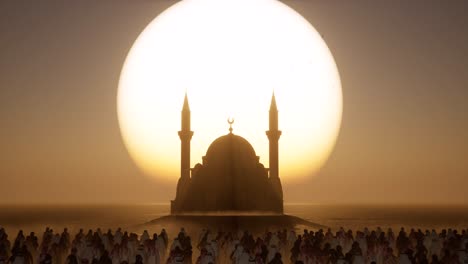 a mosque on a desert, arid environment, with a middle eastern dressed crowd standing idle on sunset with dark shadows, 3d animation, 3d scene, dystopian theme, camera zoom out