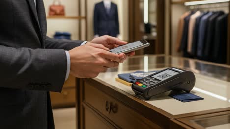 a professional businessman completing a digital payment transaction using a smartphone at an elegant retail store, showcasing modern payment solutions