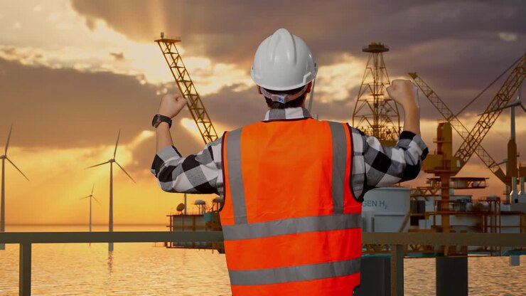Back View Of A Male Engineer With Safety Helmet Raising His Hands Celebrating While Working With Offshore Hydrogen Production