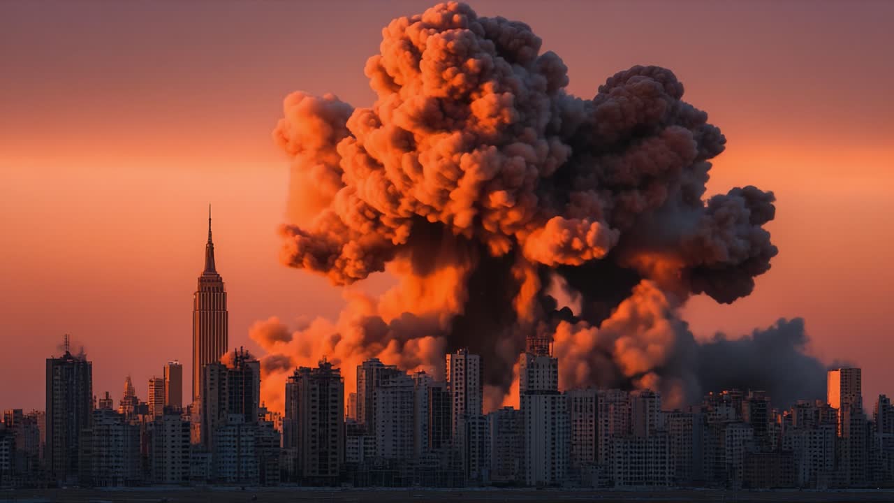 Dramatische urbane Explosion bei Sonnenuntergang: Eine atemberaubende Darstellung von Farbe und Chaos in einer Stadtsilhouette mit hoch aufragenden Wolken und feurigen Eruptionen.