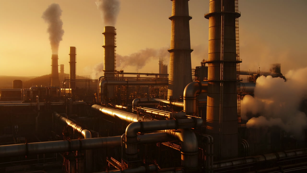 Sunset Oil Refinery Emitting Smoke And Steam, Golden Light Highlighting Metallic Pipelines And Towering