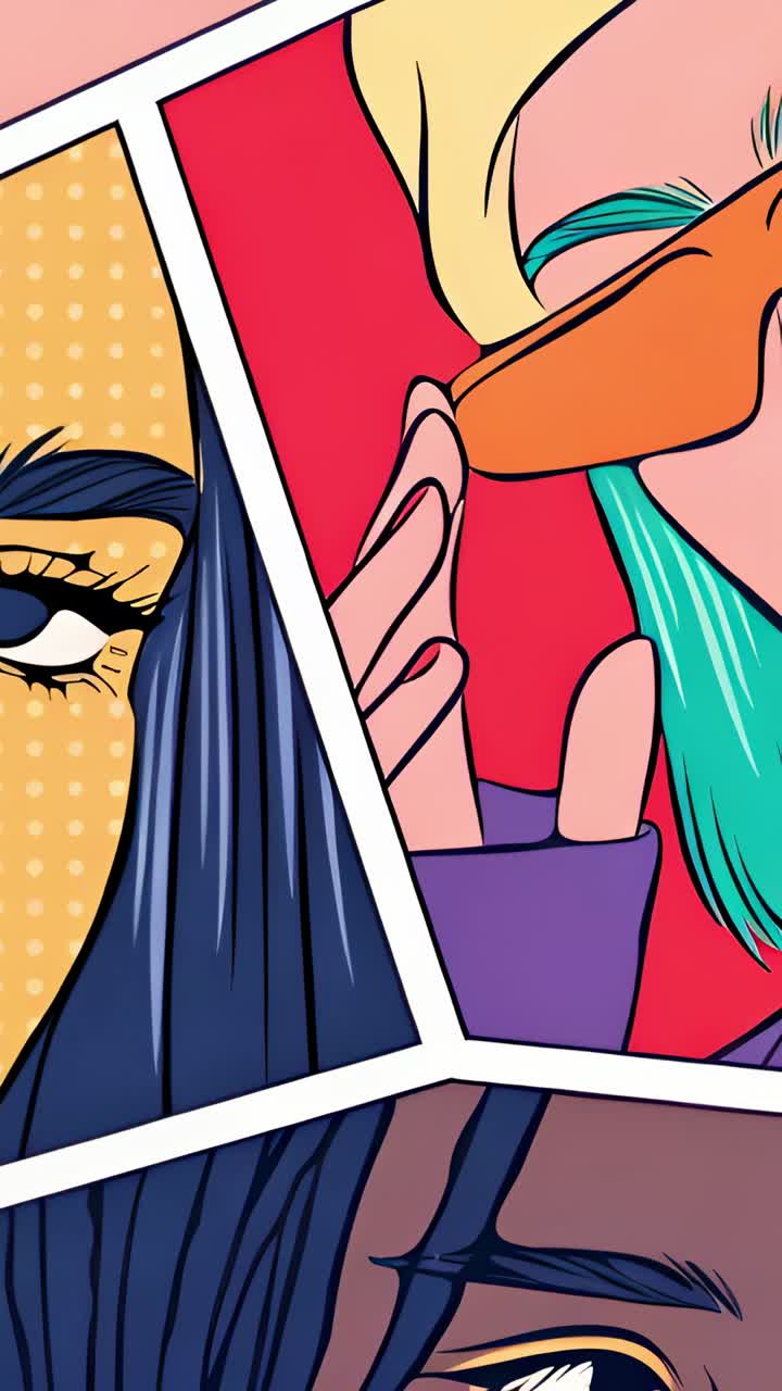 Video verticale: carrellata della telecamera su due volti pop art in un fumetto, con occhiali da sole arancioni