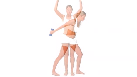 animation of caucasian woman lifting weights over white background