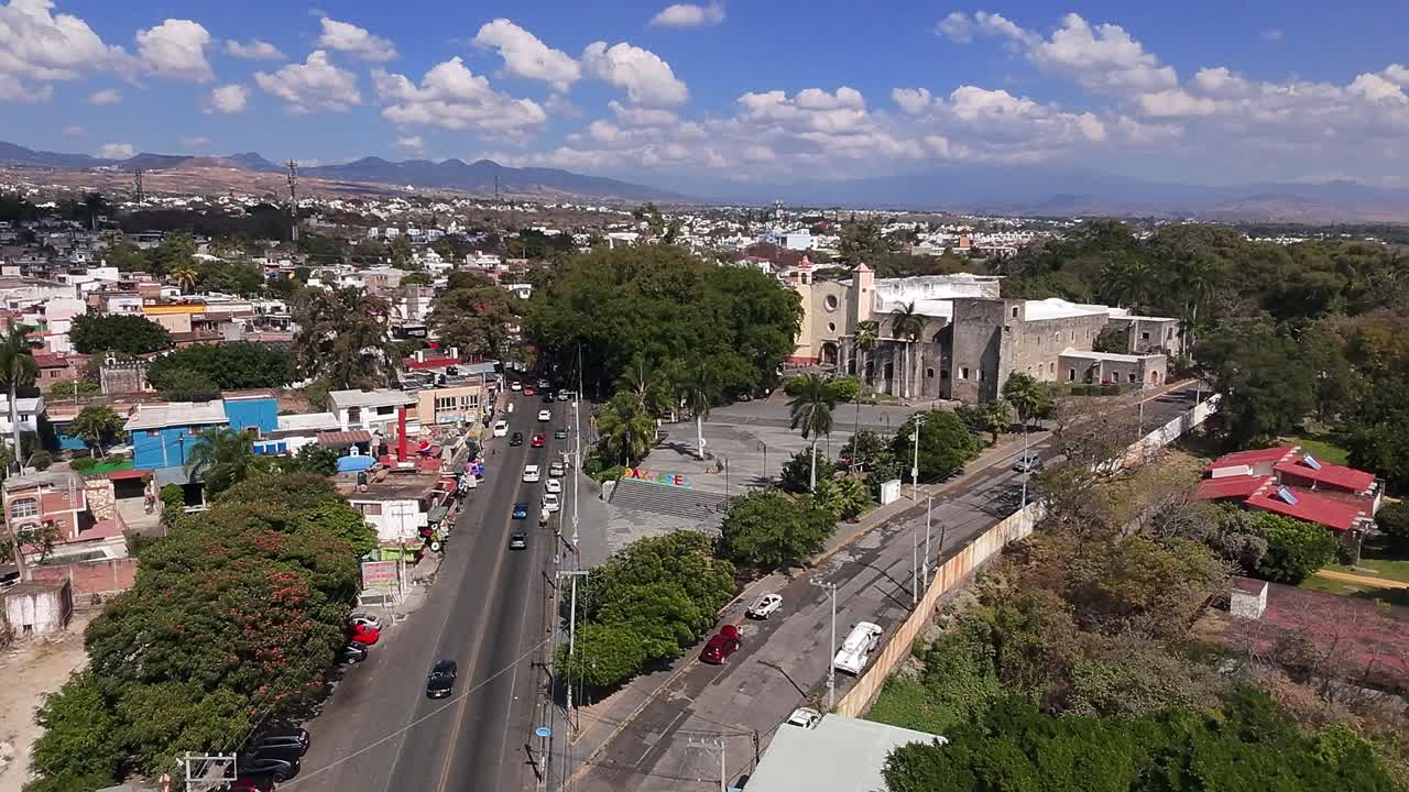 Panoramic aerial of historic center Oaxtepec y Tlayacapan center, overlooking the famous Capilla de San Miguel and cityscape, Morelos, Mexico