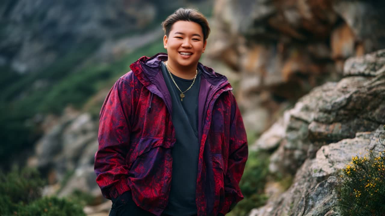 A confident individual enjoying nature, wearing a vibrant jacket, standing among rocky terrain, capturing a joyful moment with a smile amidst the beautiful landscape