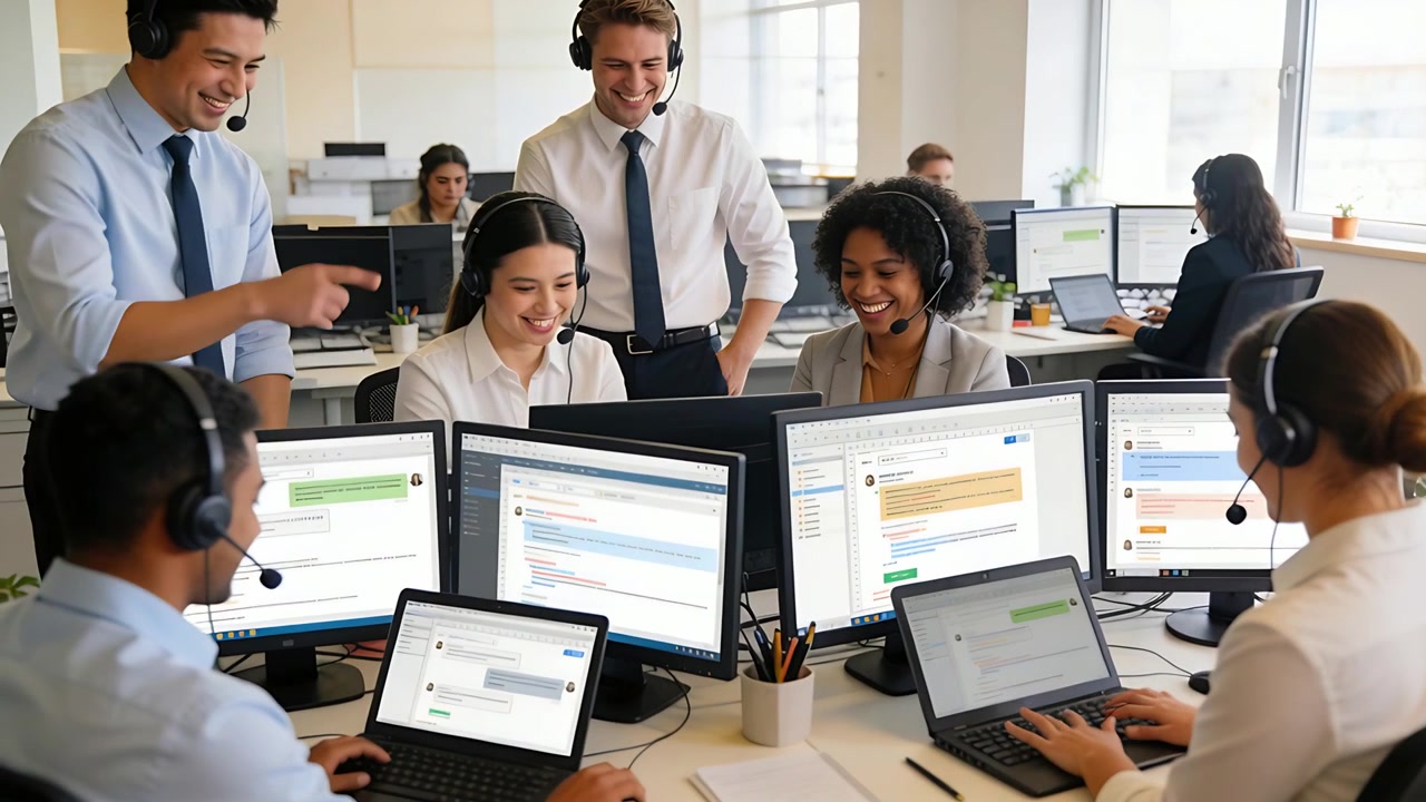 Approaching supervisor in white shirt pointing at monitors in office, guiding agents with headsets