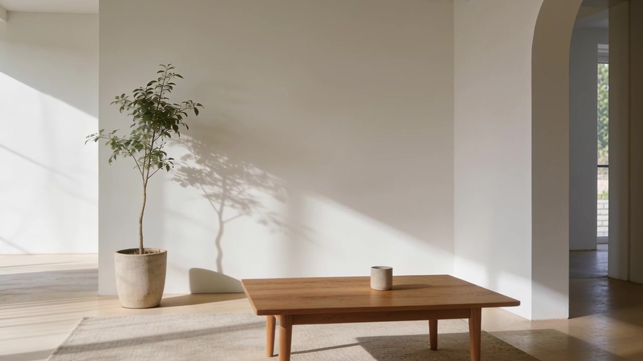 Una luminosa porta attira un uomo attraverso l'ingresso, passando accanto a un albero in vaso che proietta un'ombra netta, con spazio per il testo.
