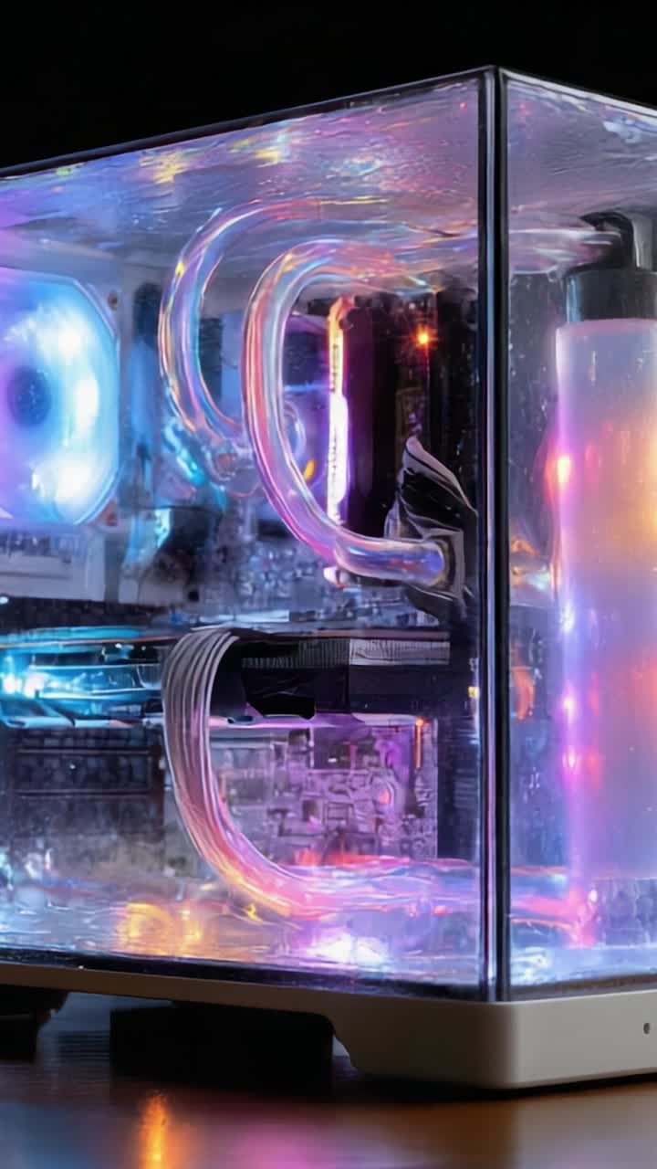 A Stunning Close-Up of a High-Performance Computer Case Showcasing Its Colorful RGB Lighting and Cooling System in a Contemporary Setup