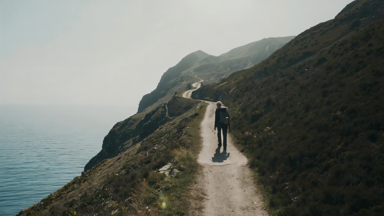 Caminhante usando jaqueta escura e mochila seguindo por um caminho costeiro estreito que leva a um cume distante