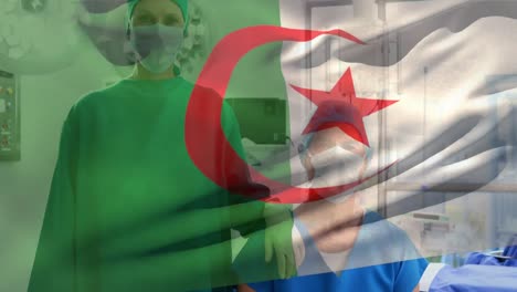 Animation of flag of algeria over caucasian surgeons with face masks