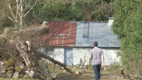 young man walks and enters irish cottage with corrugated roof