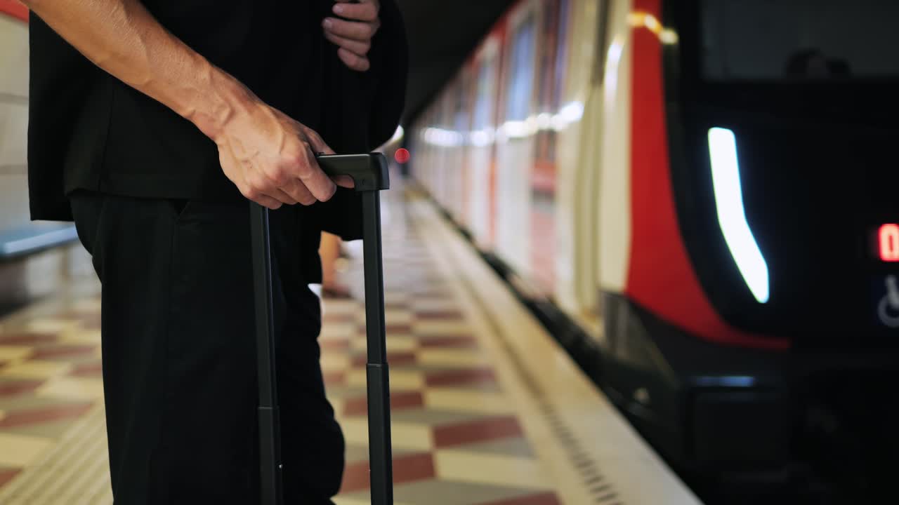 Tourist man with suitcase baggage in spain, A traveler with luggage suit jacket on business street go to a hotel, business office, airport terminal, enjoying the vibrant atmosphere