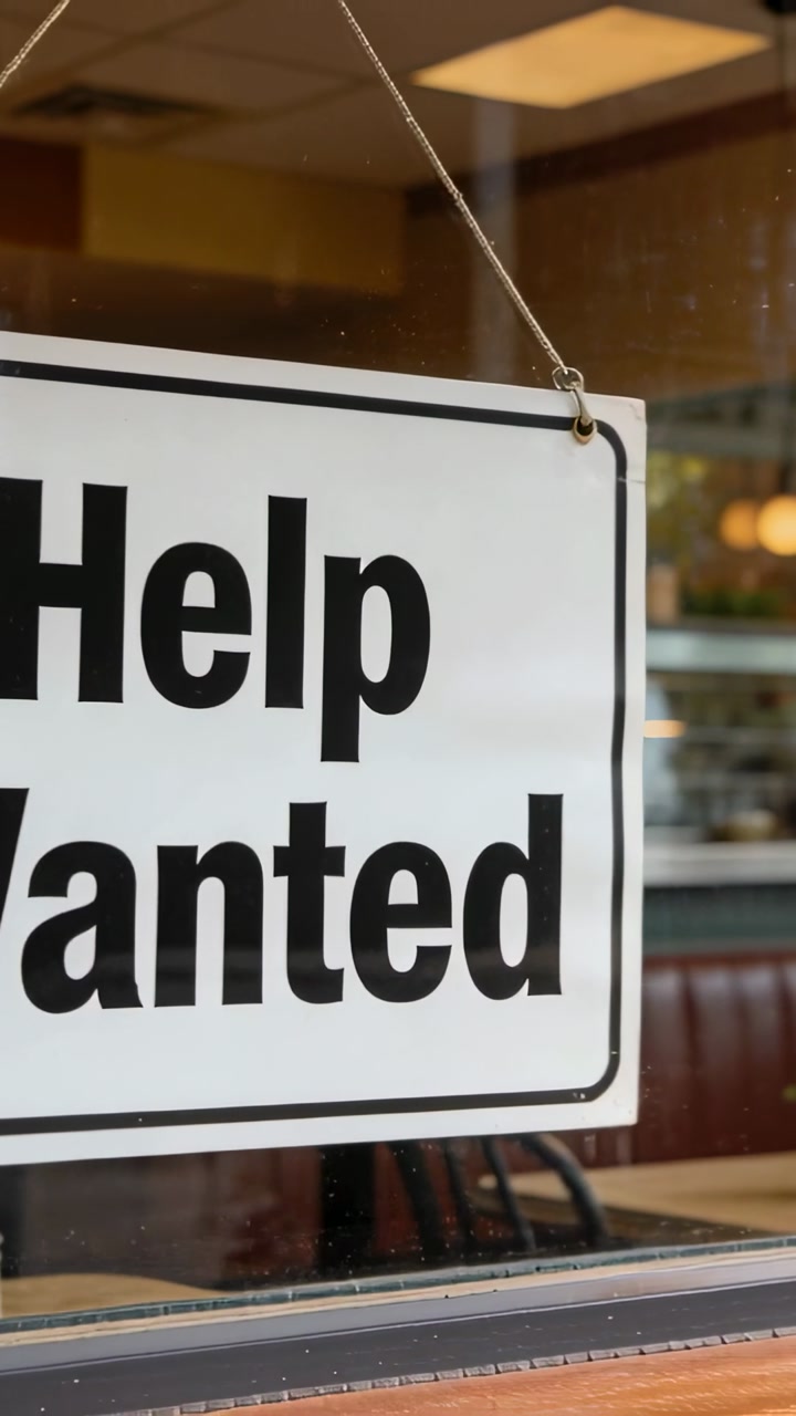 Vertical video: Pulling back camera revealing Help Wanted sign swinging on grommet at cafe window