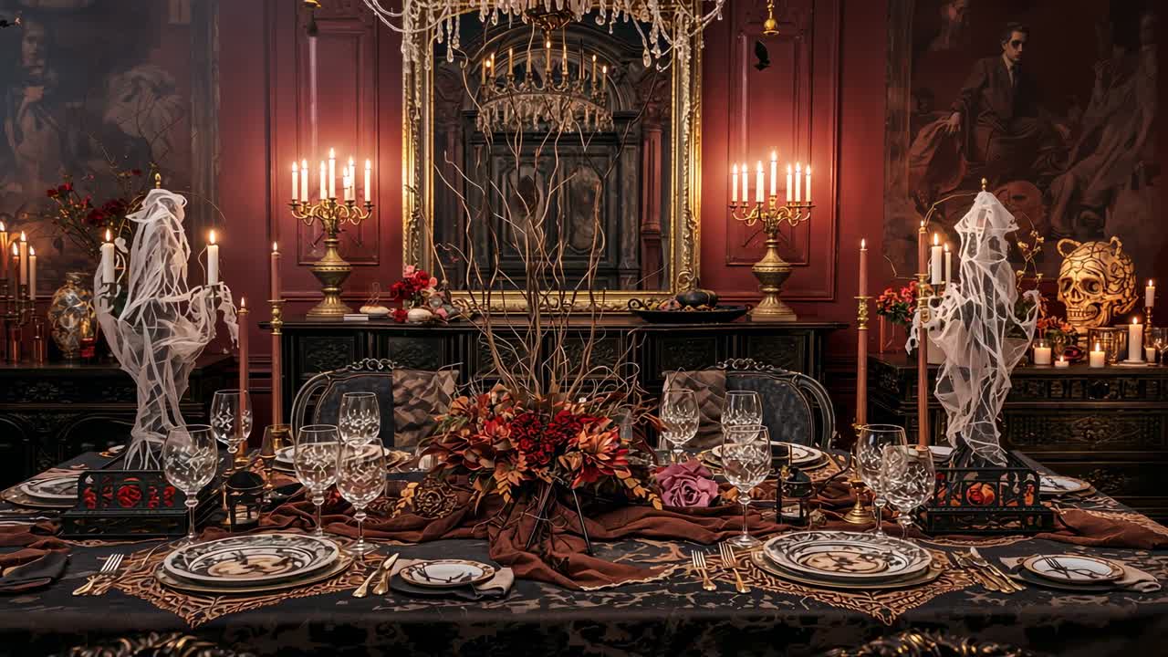 Opening revealing flickering candle flames casting light across dining table with ghost sculptures