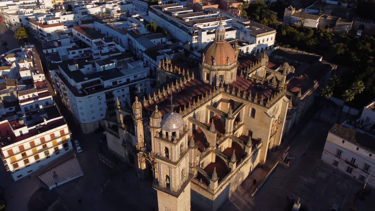 Catholic cathedral of Jerez de la Frontera at sunset, Spain. Aerial