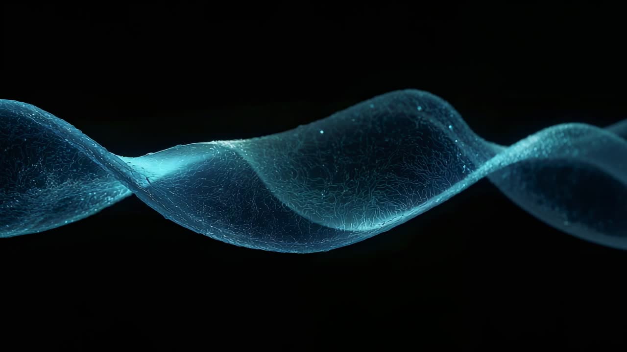 Looping blue ribbon structure shifting right in dark studio, with glowing specks and filament
