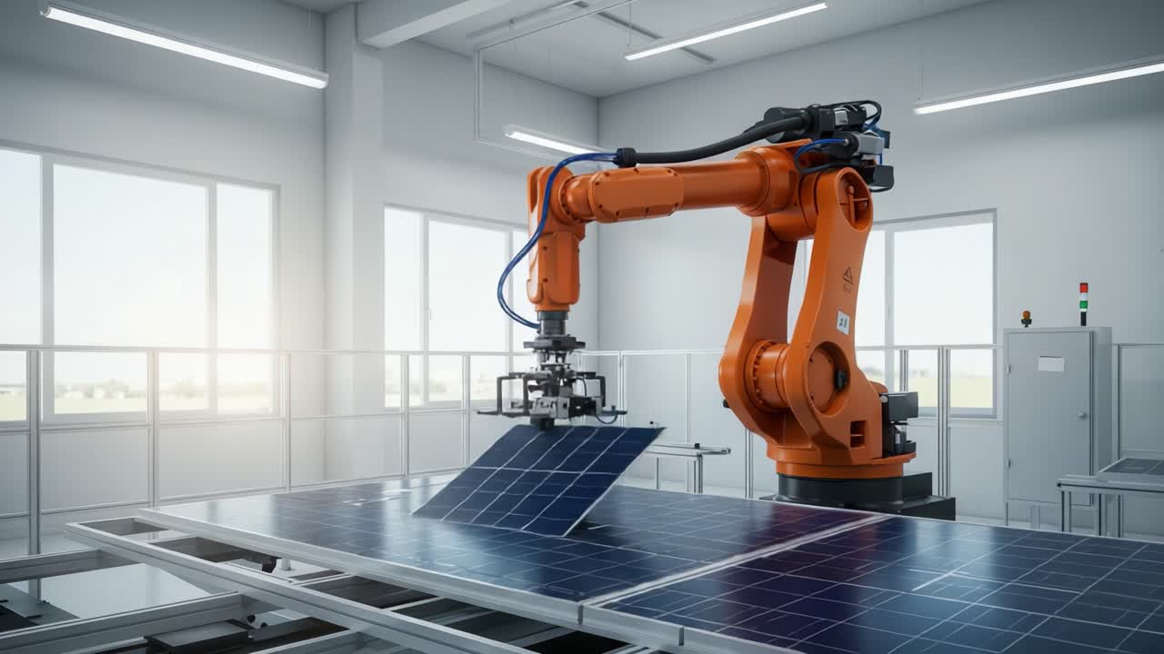 Advanced Robotic Arm Engaged in Precision Manipulation of Solar Panels in a Modern Manufacturing Facility, Enhancing Efficiency and Innovation in Renewable Energy Production
