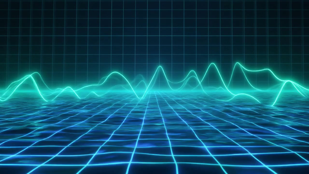 Retro Synthwave Grid with Glowing Audio Waveform Animation
