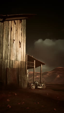 motorcycle parked in front of wooden building