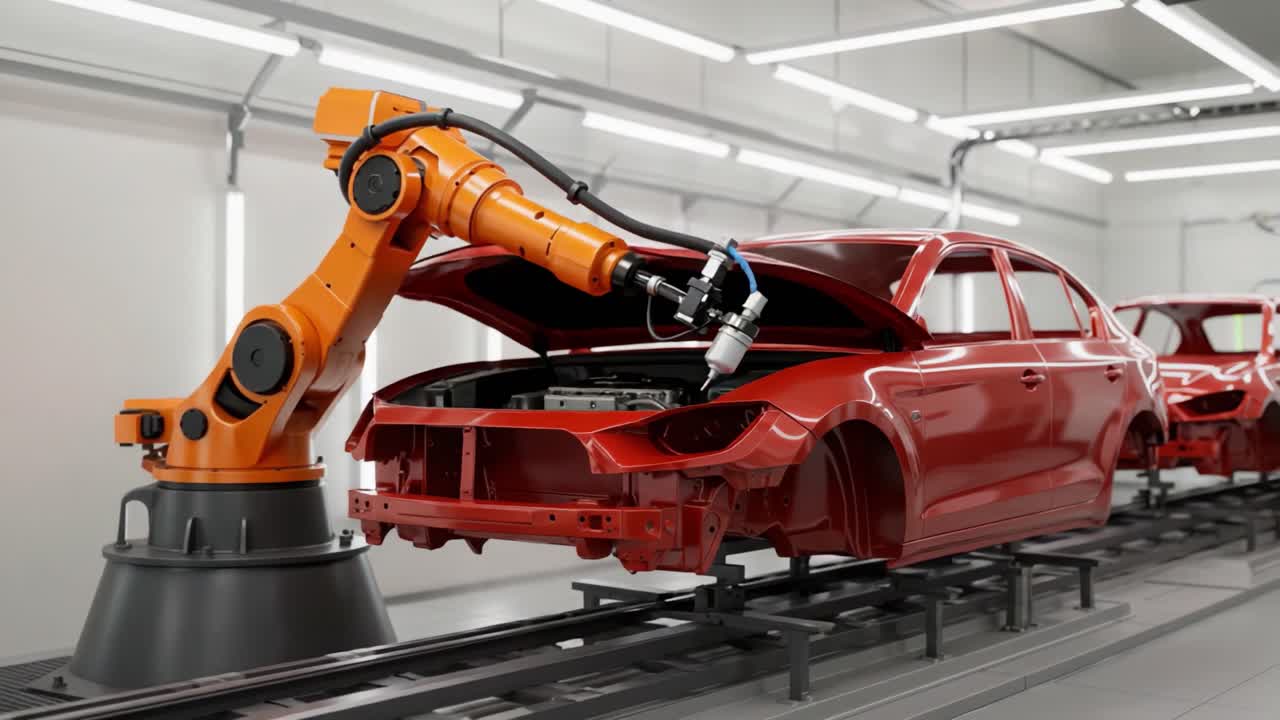 Automated Manufacturing Process: A Robotic Arm Assembles Red Car Bodies on an Efficient Production Line in a Modern Factory Setting