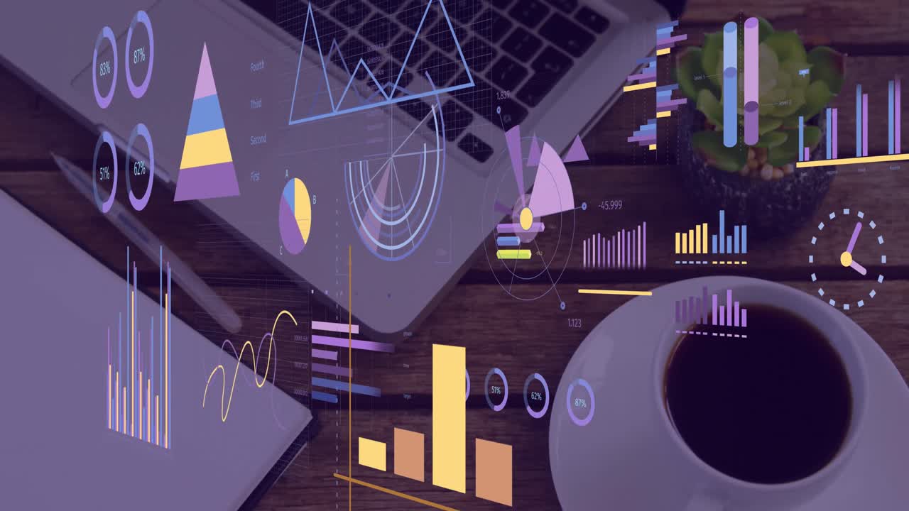 Animation of financial data processing over laptop on office desk