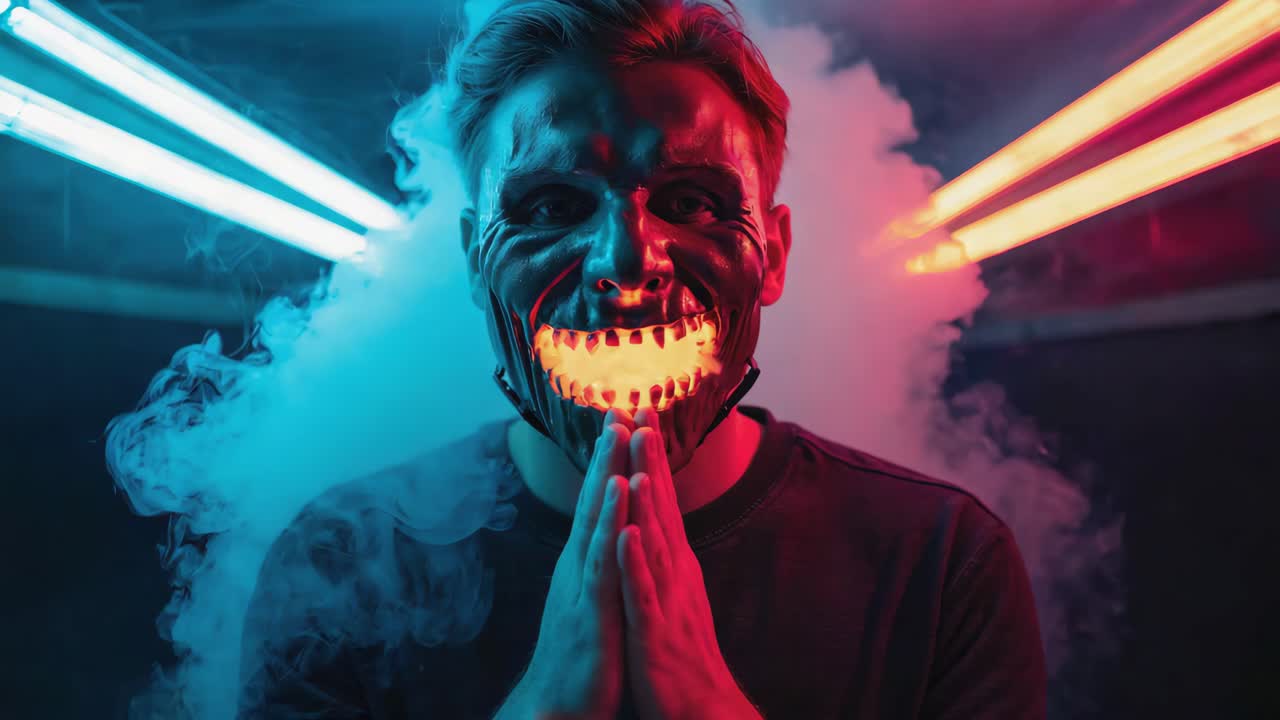 Man in a glowing mask surrounded by smoke and neon lights