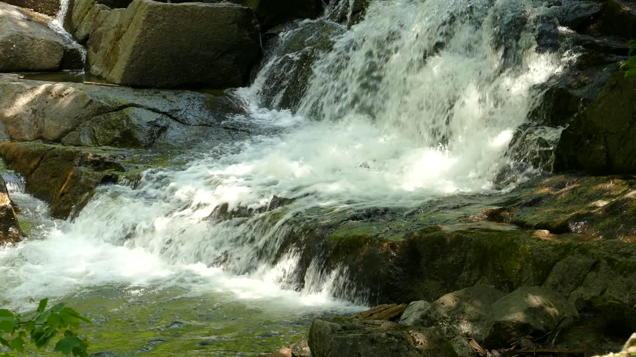 vista panorámica de una pequeña cascada con agua limpia y fresca en un bosque