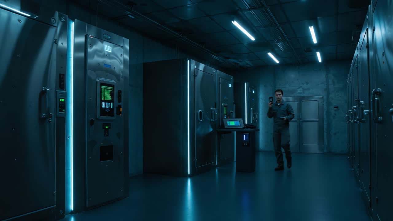 A Mysterious High-Tech Facility: A Technician Navigating Through a Sleek, Metallic Corridor Filled with Advanced Equipment and Blue Ambient Lighting
