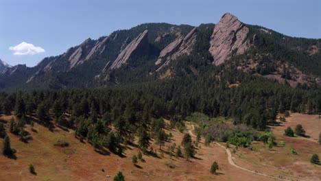 imágenes aéreas de drones de una ruta de senderismo, un bosque y la formación rocosa de planchas planas en boulder, colorado