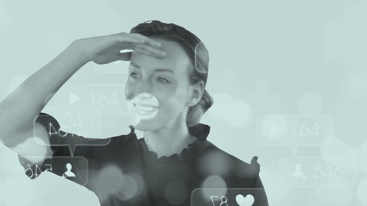 Animation of network of connections over happy caucasian casual businesswoman
