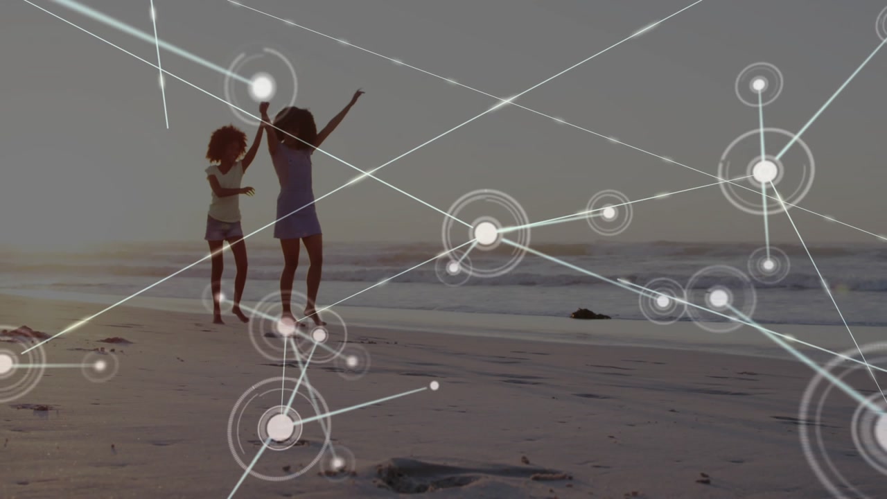 Woman and child walking sunset shore circle appearing sweeping network passing over them for tech