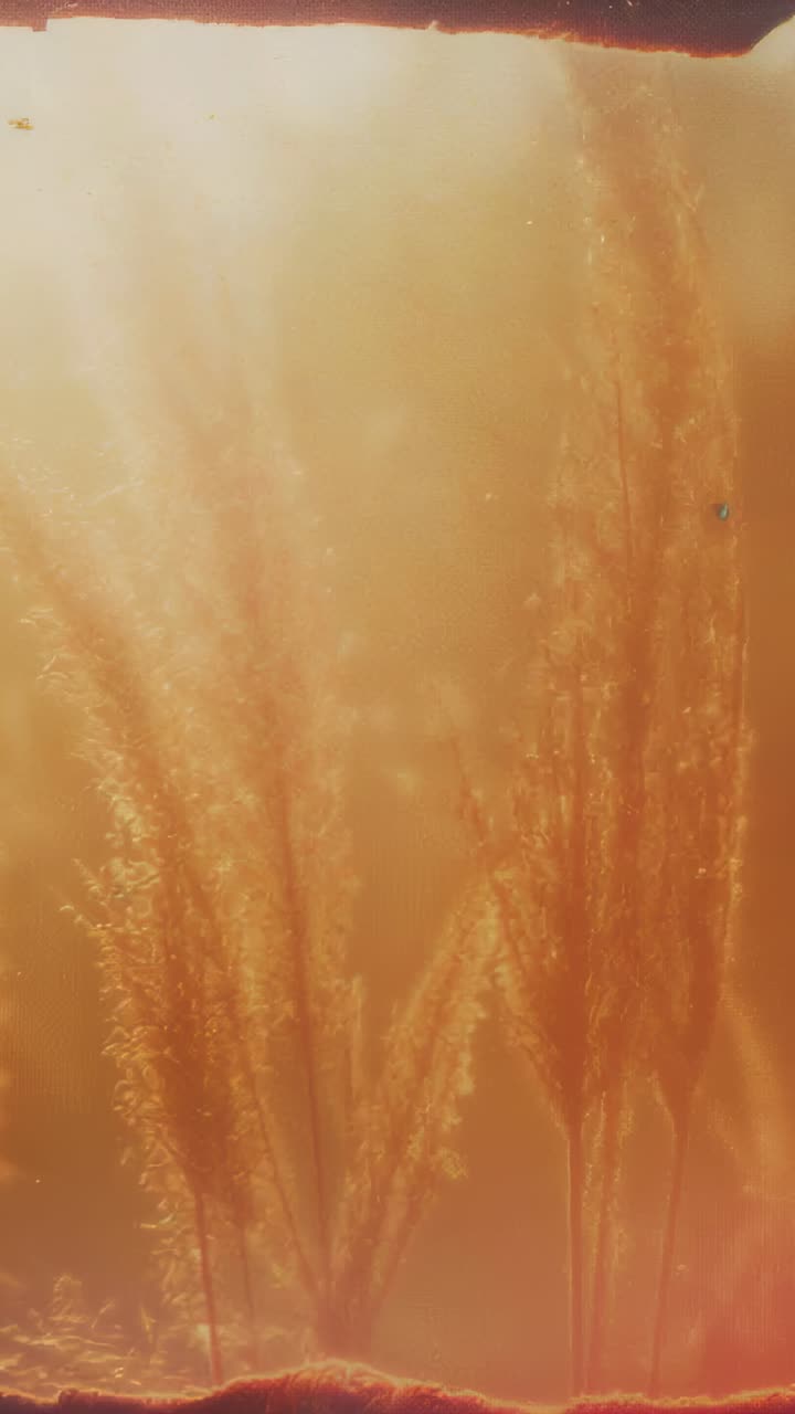 Vertical video: Swaying grass plumes in meadow breeze at sunset, with dust, flare and light leak