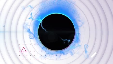 animation of abstract shapes and blue digital wave over black circle against concentric circles