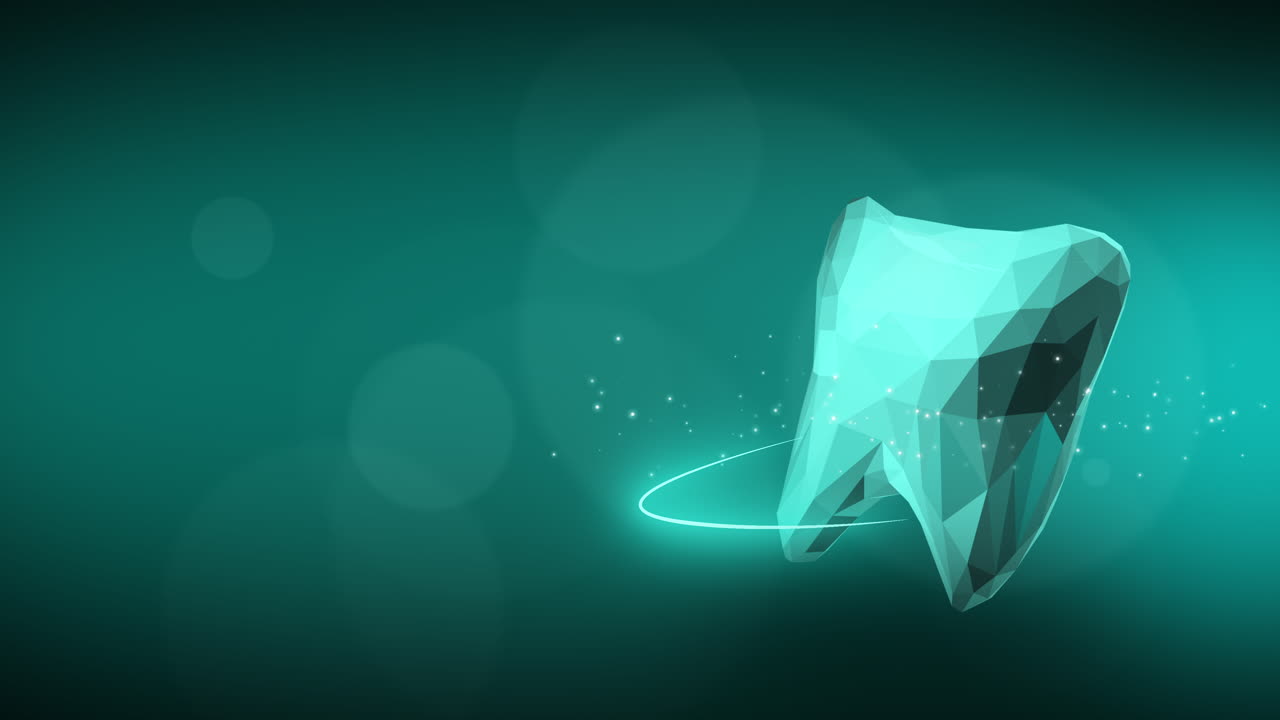 Green dental background with polygonal 3D rotating tooth model. Protection net with small shining particles. Looped animation.