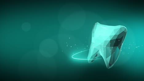 green dental background with polygonal 3d rotating tooth model. protection net with small shining particles. looped animation.