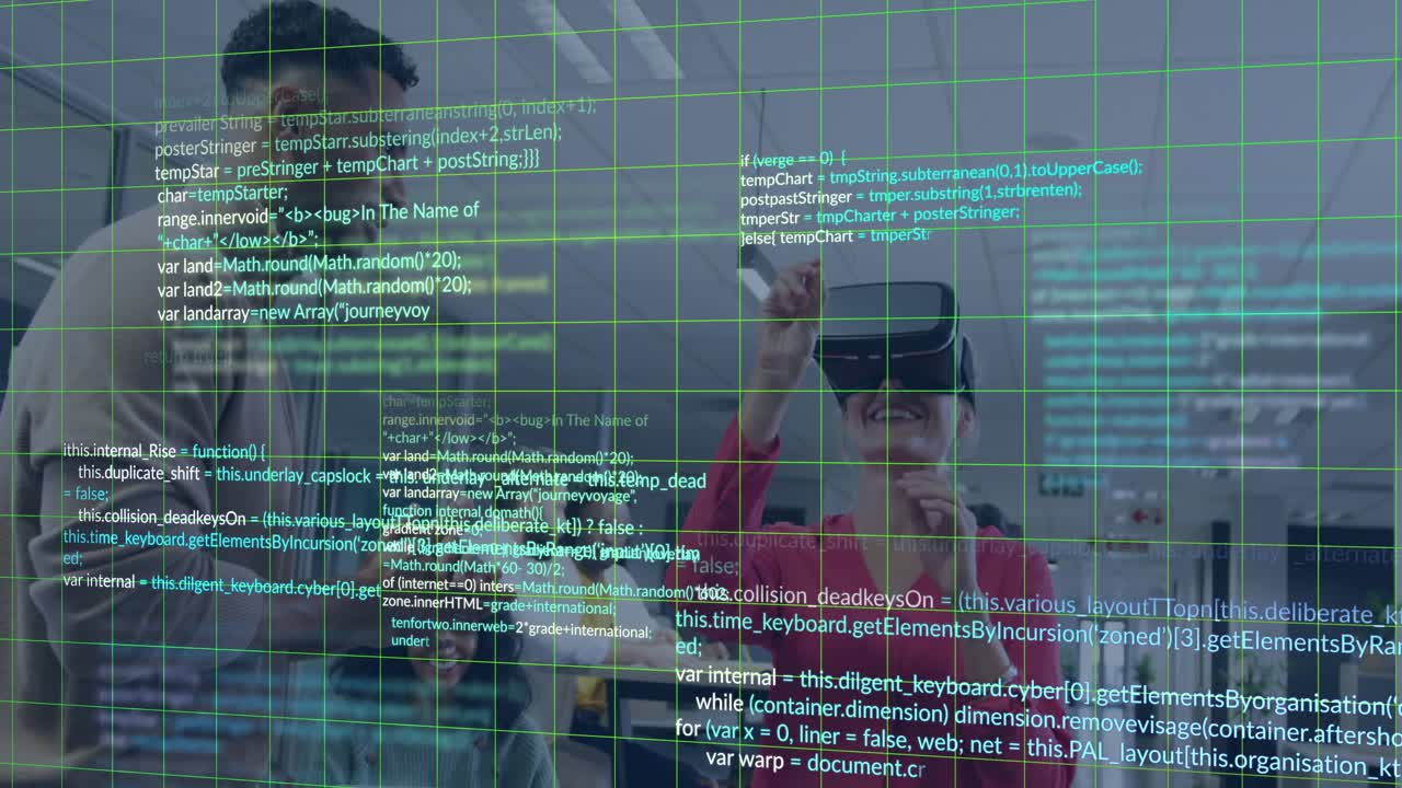 Woman lifting VR headset at desk, male colleague guiding tech demo while green code overlay growing