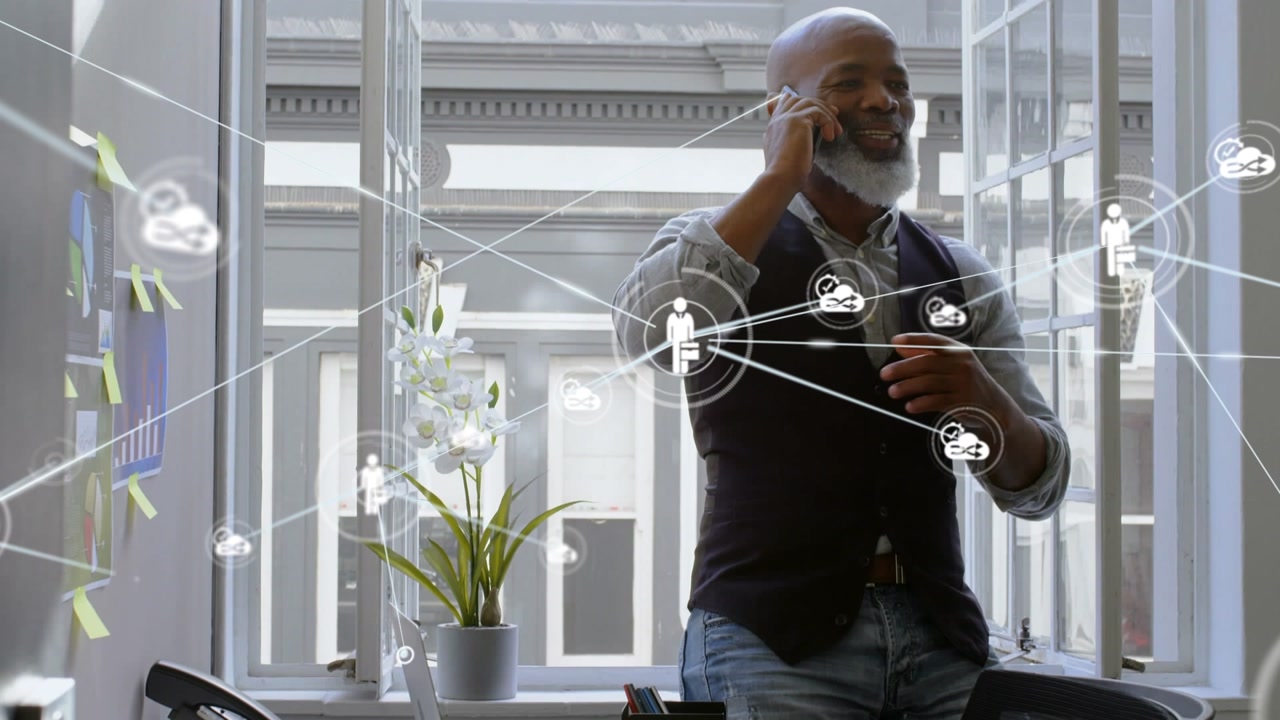 Animated VR network and global business finance connections in a digital video.