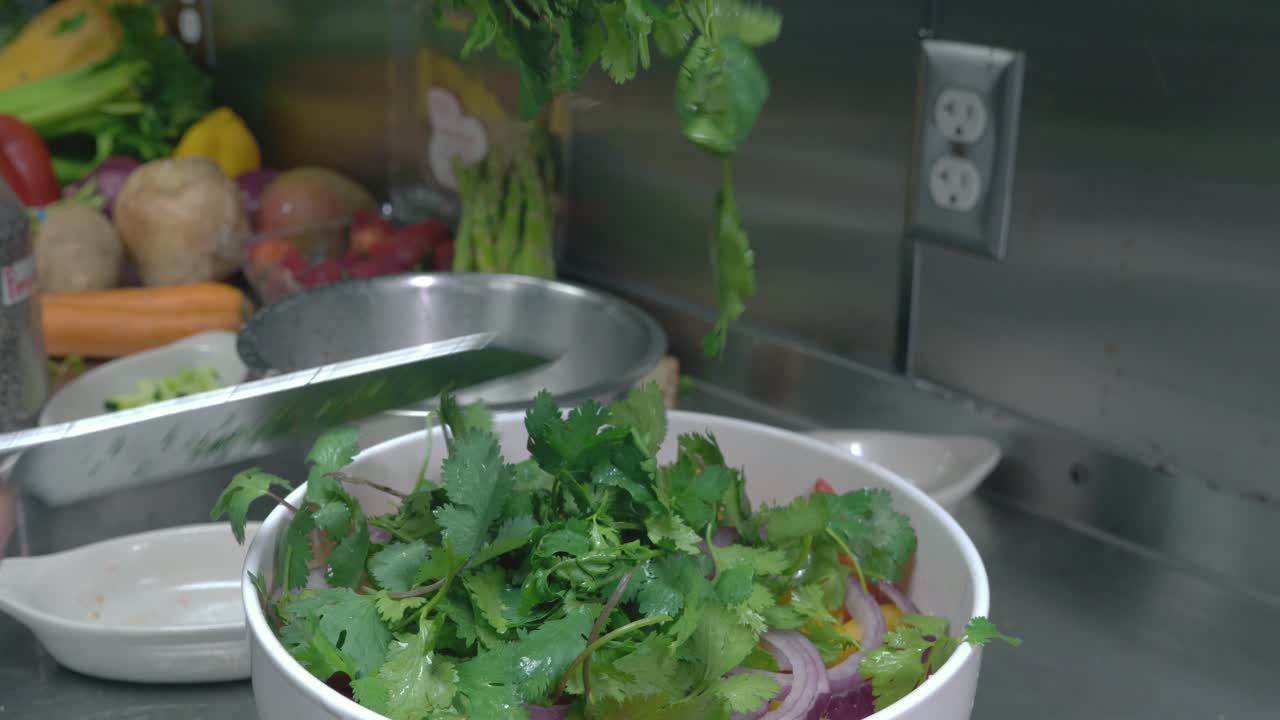 Up close shot of chef hands chopping up cilantro