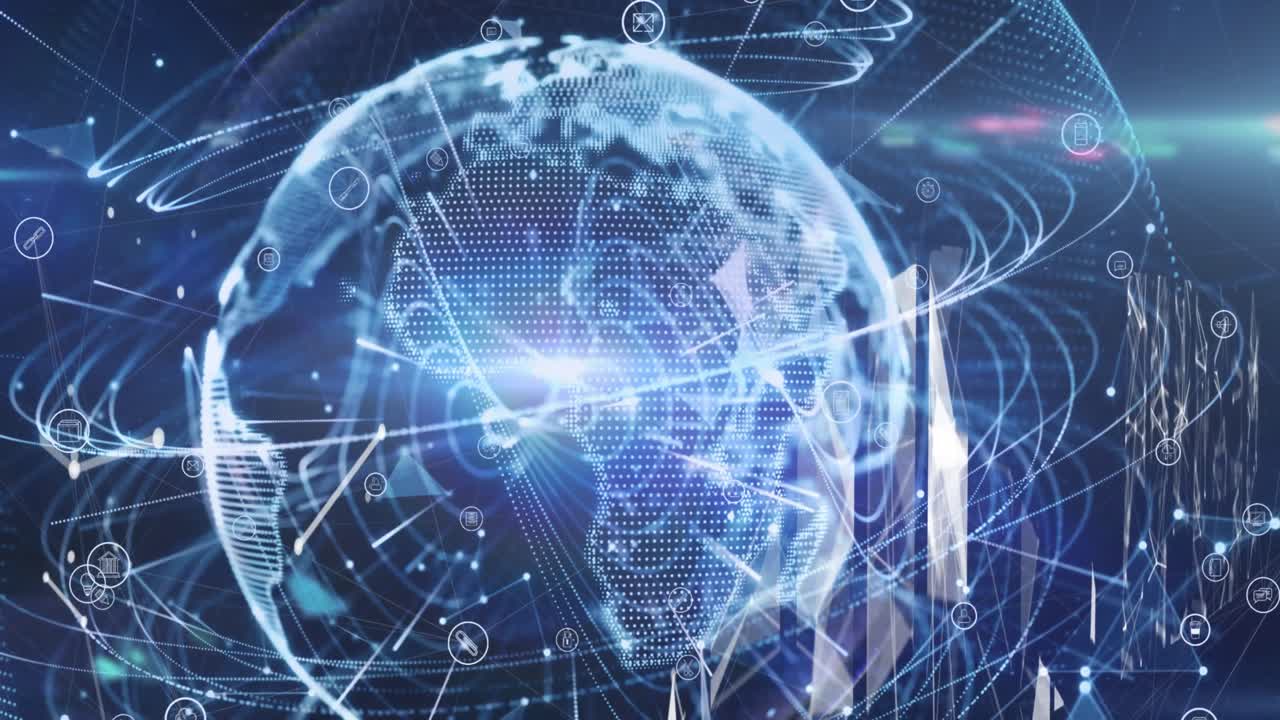 파란색 배경에 빛의 반점에 대한 전 세계에 대한 연결 네트워크와 빛의 흔적