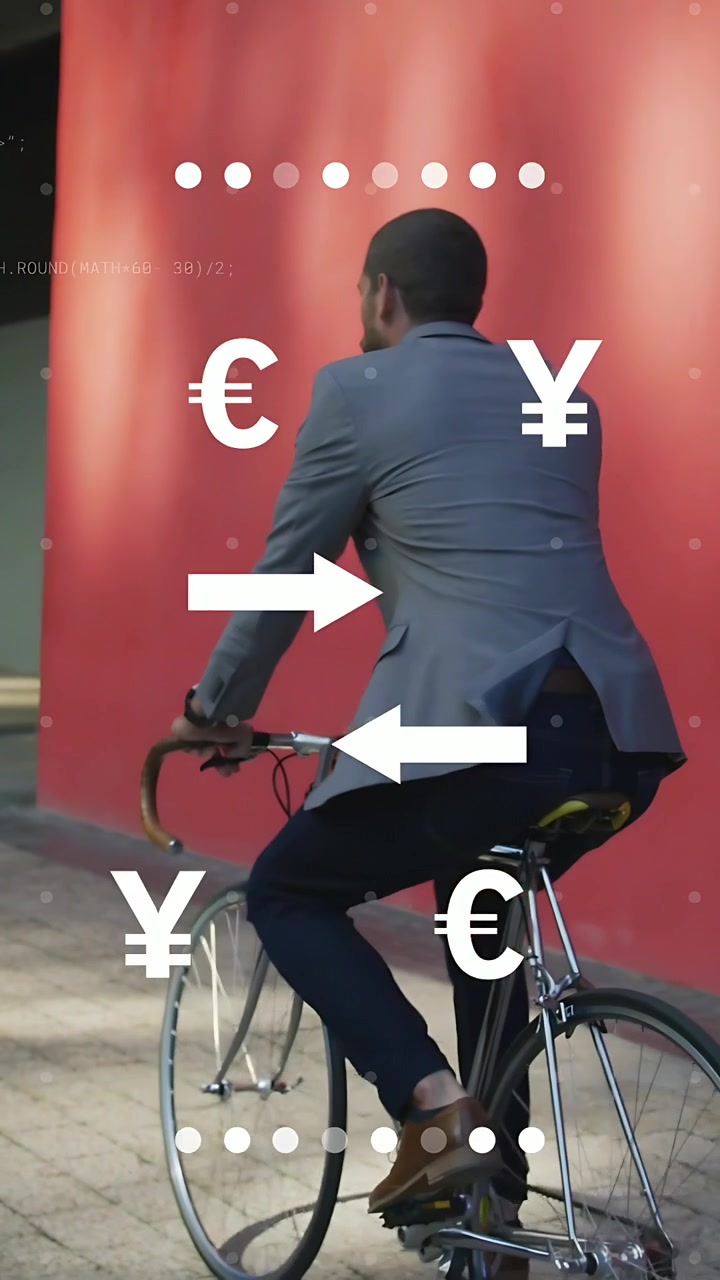 Video verticale: Piede di un ciclista che spinge i pedali oltre un muro rosso, con frecce £€$¥ che si muovono sul ciclista, relative alla finanza.