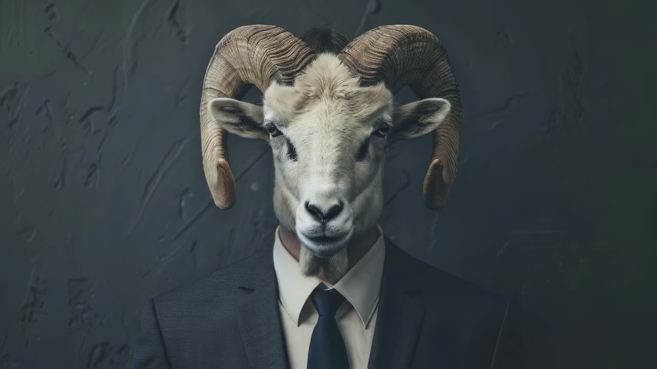 Businessperson wearing ram head and tailored attire, representing professional ambition through surreal portrait against neutral gray wall background