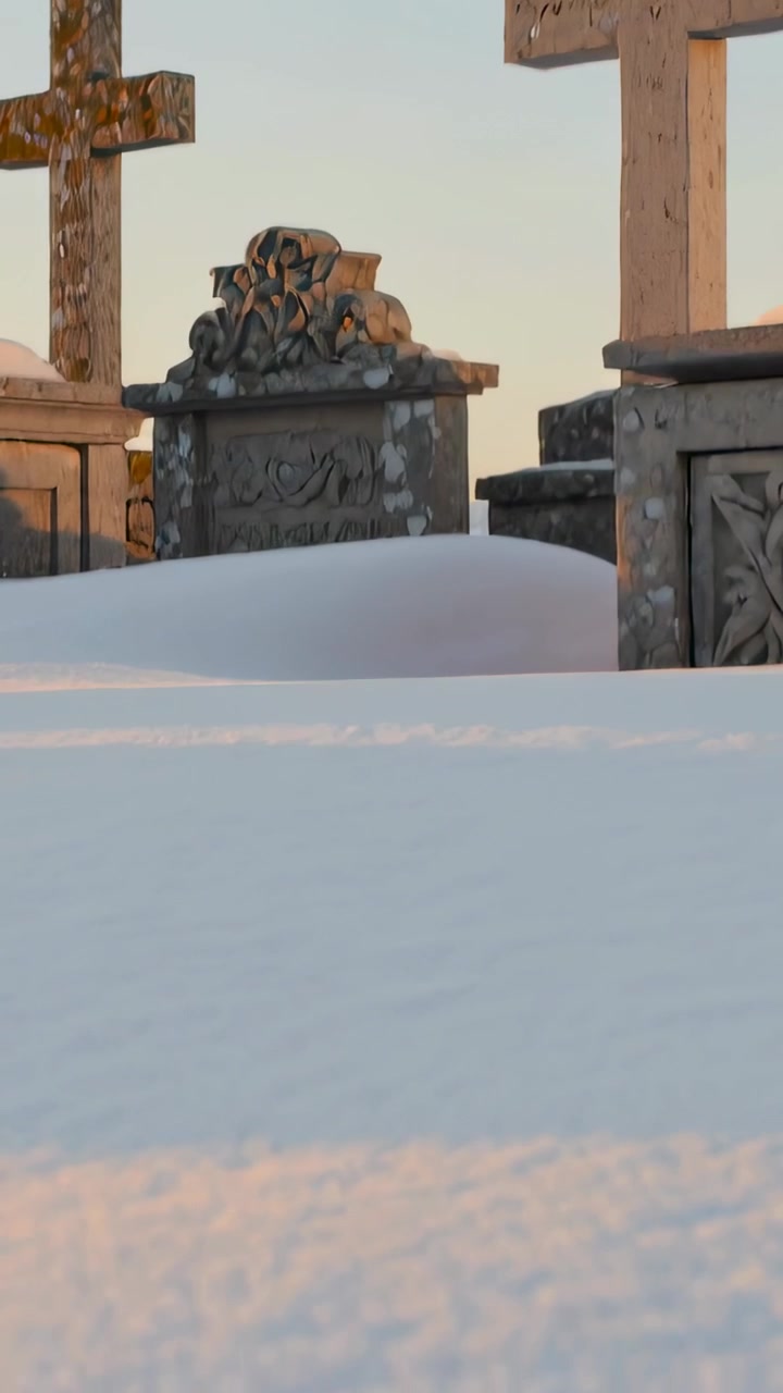 Video verticale: Inclinazione della telecamera che rivela croci di pietra e tombe in un cimitero, con neve illuminata dal sole.