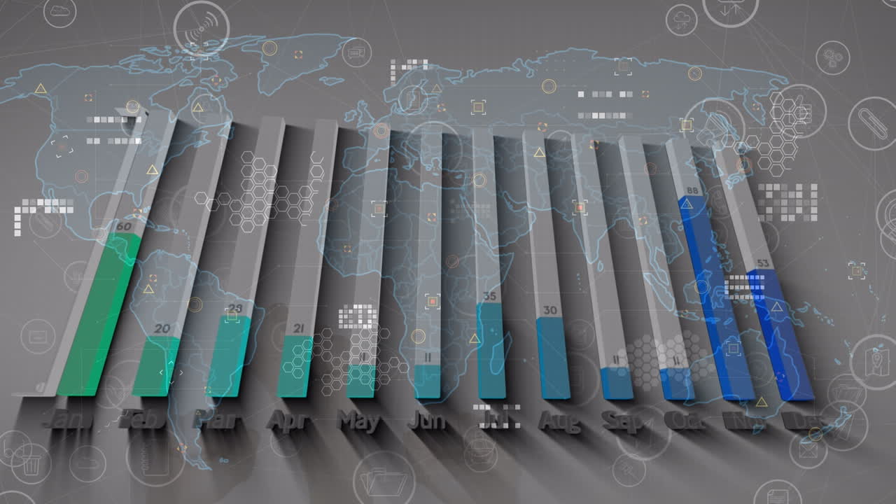 Animation of data processing and world map on white background