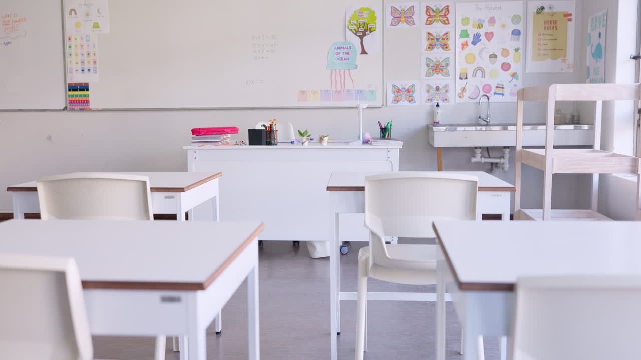 Empty, classroom and interior of school